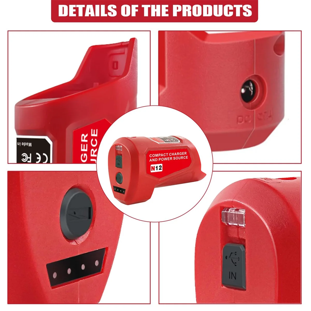 N12 Battery Power Source Adapter for Milwaukee 12V M12 Battery Power Wheel Charger Adapter with 12V DC Port USB2.0 Port 6