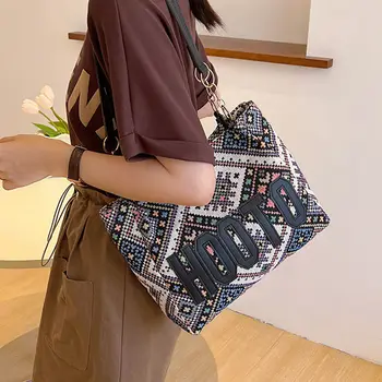 حقيبة حمل قماشية عصرية على الطراز العرقي، حقيبة يد ذات سعة كبيرة، حقائب كتف أنيقة لحجب الألوان للاستخدام اليومي للنساء 5