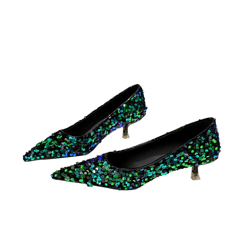 Women's Multi Colored Sequined Heeled Shoes,Black
