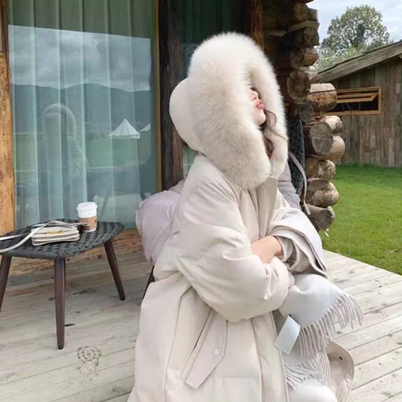 

Down Jacket Women Winter Warm Coat 2022 Long Loose Casual Thickened Hooded with Fur Collar White Duck Down Filling Puffer Jacket