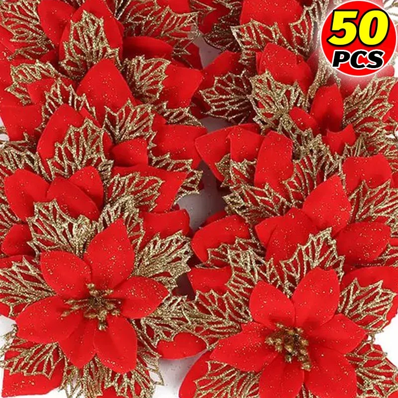 Christmas Artificial Flower 50/5pcs Red Glitter Poinsettia DIY Wreath Xmas Tree Ornaments Floral Wedding Party Home Decoration