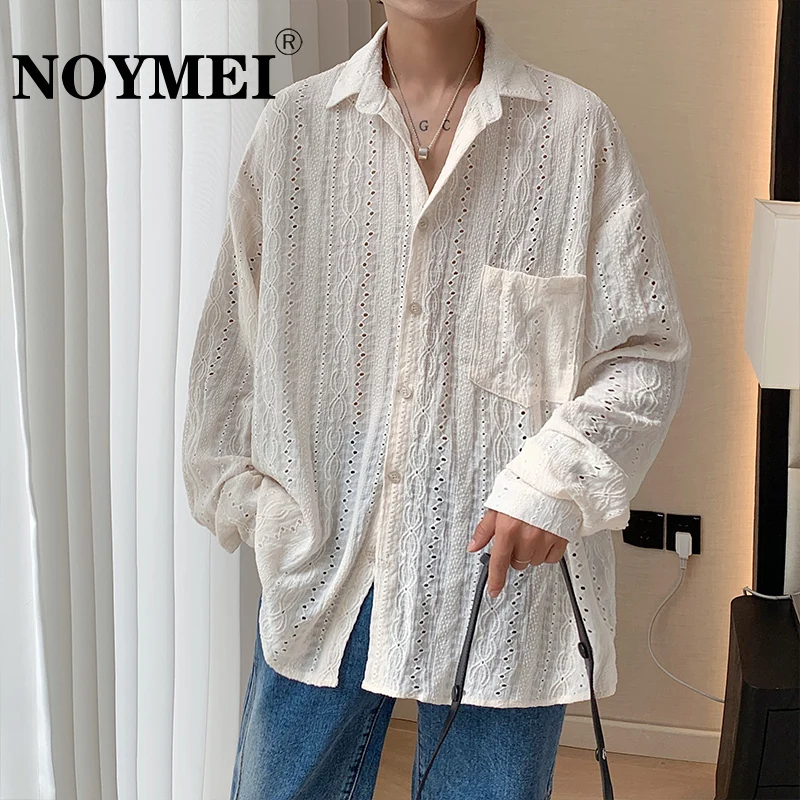 NOYMEI Niche Design Lapel Hollow Out Shirt Korean Style 2024 Summer New Men’s Long Sleeve Pockets Male TOP Cardigan WA3947