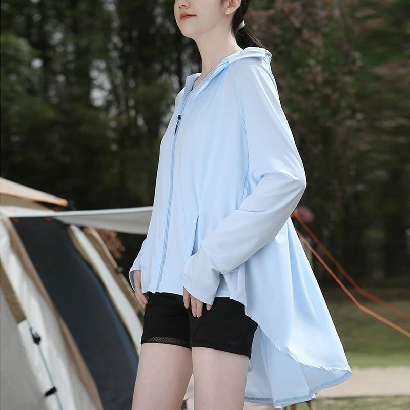 UV Resistant Hooded Zipper  Long Sleeve Front Short And Back Long Pocket Sunscreen Top Summer For Women Clothes Casual Solid Coa