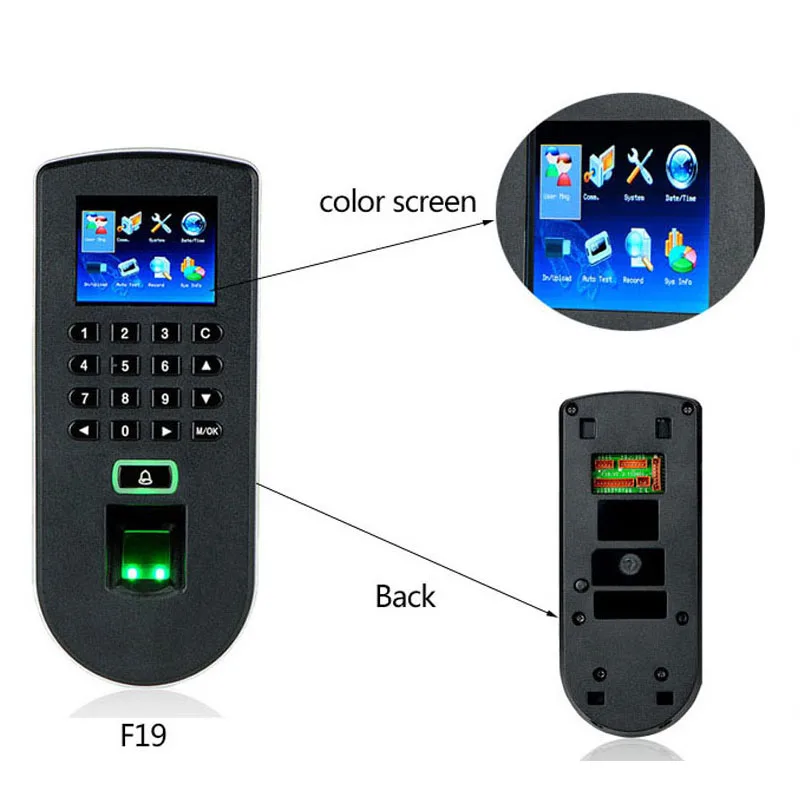 

F19 Linux System TCP/IP USB RS232 Fingerprint Time Attendance And Access Control System With 125KHZ RF Card 13.56 Mf Card