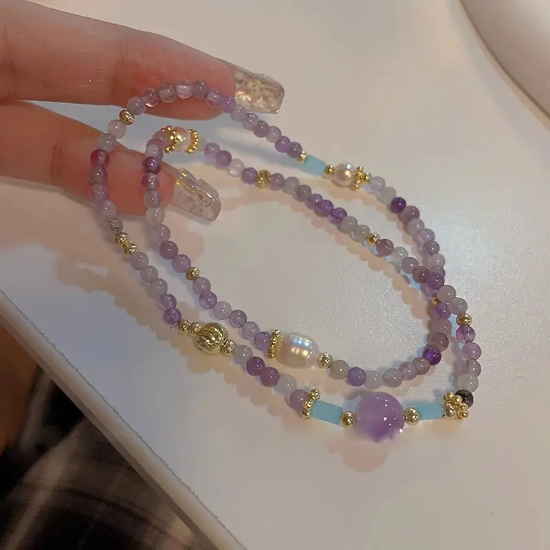 

UMQ Original Purple Crystal Double-Layer Pearl Bracelet Light Luxury Minority Exquisite Girlfriends Bracelet 2024 New