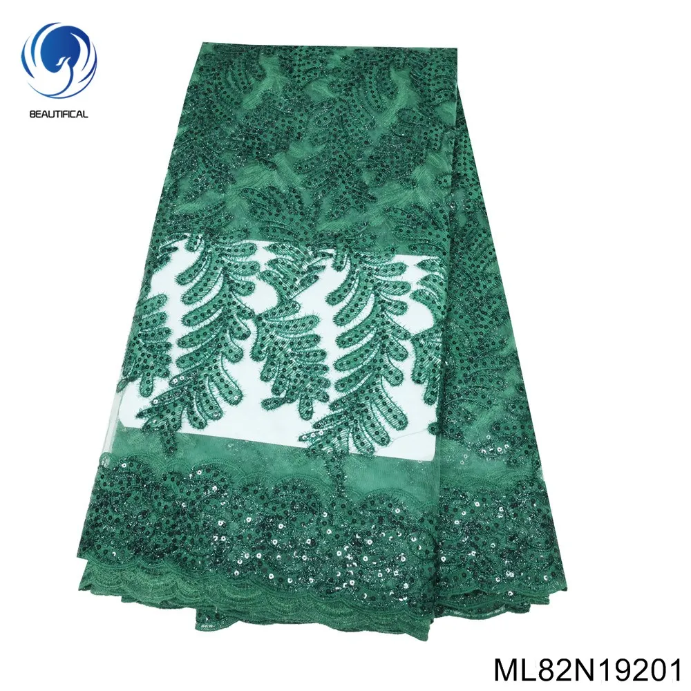 

2023 High Quality Nigerian Wedding Net Lace Fabric Embroidery French African Weaving Design Green Sequins Fabric ML82N192