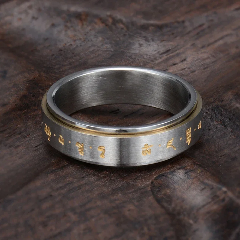 6mm Stainless Steel Rotatable Ring Buddhist Words Lucky Ring Vintage Religious Ring for Women and Men 4