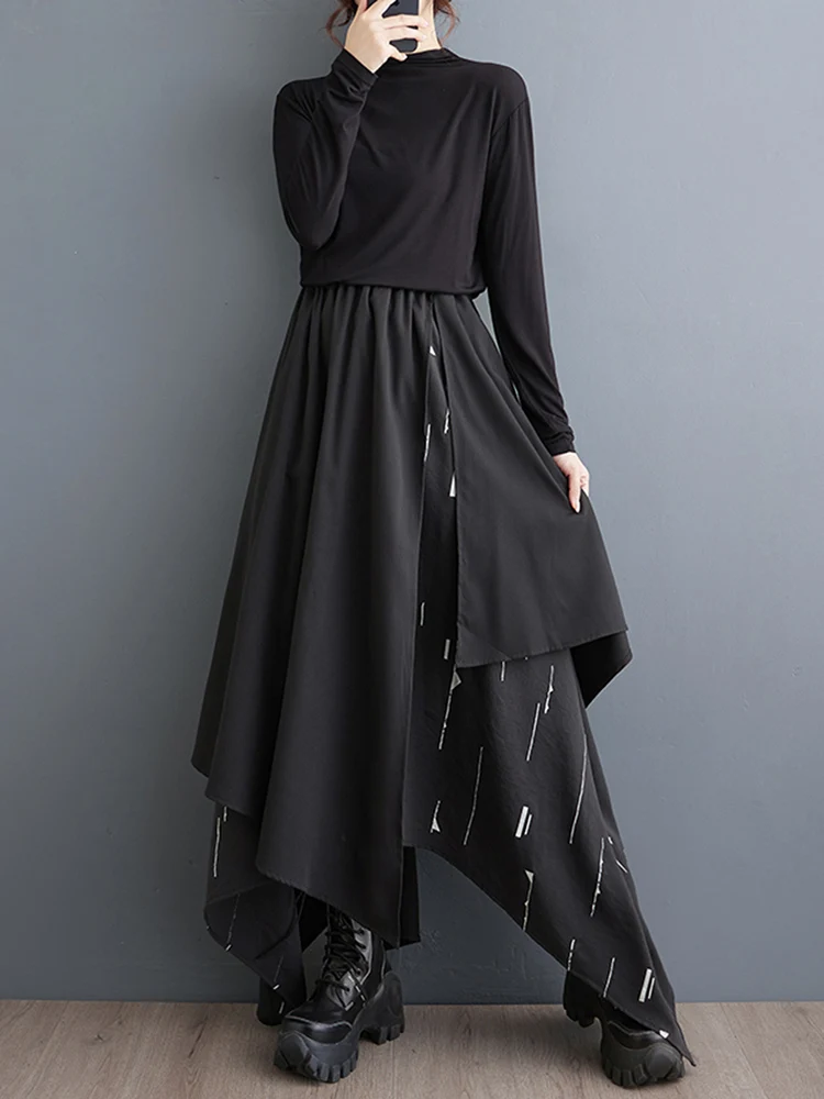 Black Vintage Print Irregular High Waist Skirt Women New Spliced Loose Casual Long Skirts Fashion Clothes Autumn Winter 2025