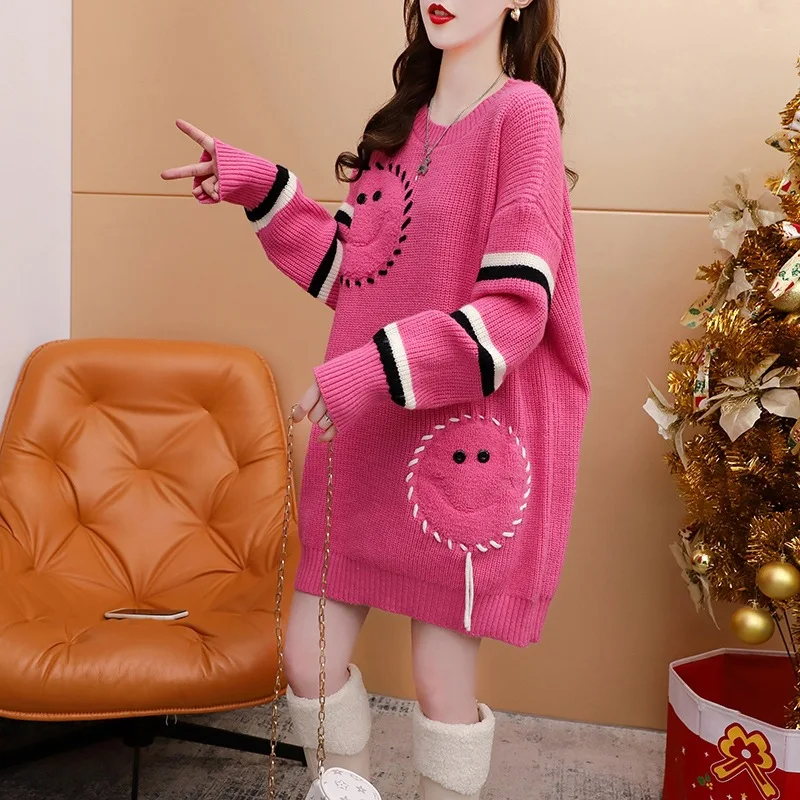 #3847 Maglione Lungo Donna Smile Split Joitn Maglione Lavorato A Maglia Pullover Allentato Streetwear Maglieria Maglioni Da Donna Manica A Pipistrello