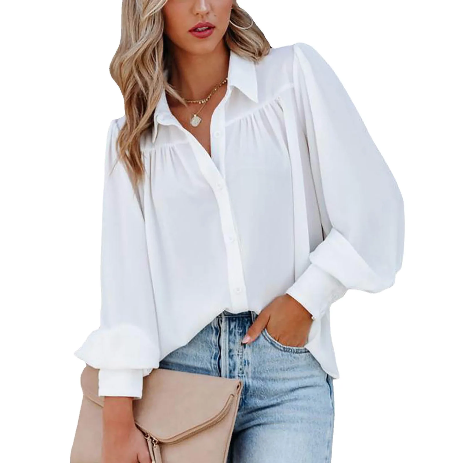

Women Buckle Up Lantern Sleeve Standing Collar Shirt Pleated Solid Loose Fitting Shirts And Blouses