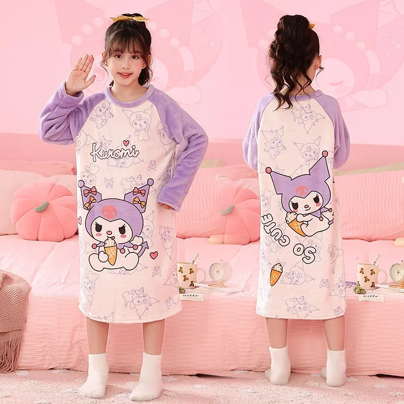 

Детская ночная рубашка из кораллового бархата в стиле аниме Sanrio Kawaii My Melody Kuromi Cinnamoroll, Детские Зимние теплые пижамные платья для девочек, домашняя одежда