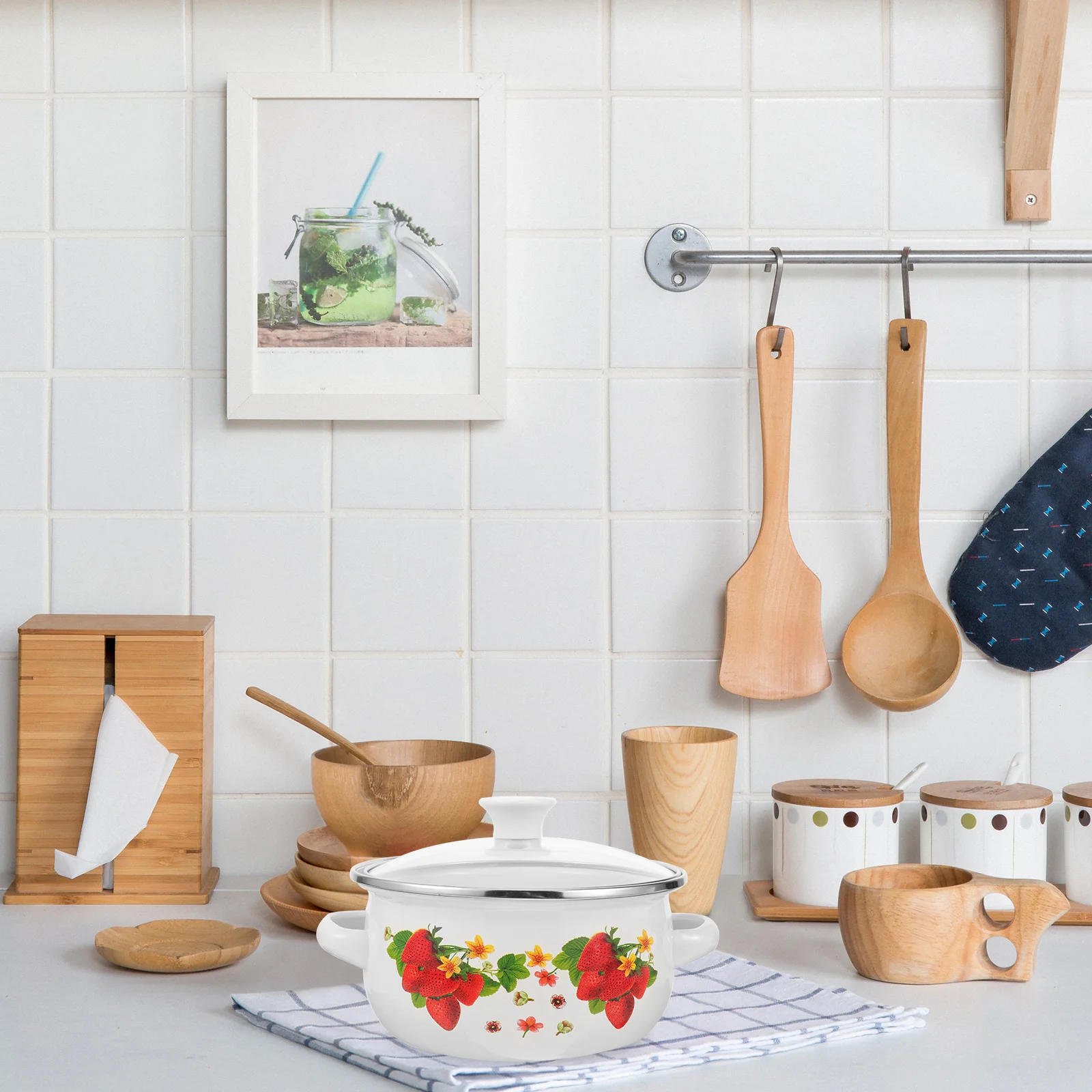 

Kitchen Enamel Stockpot Lid Retro Flower Enamel Stockpot Stew Bean Cooking Pot Vintage Soup Pot Handles Nonstick Cookware