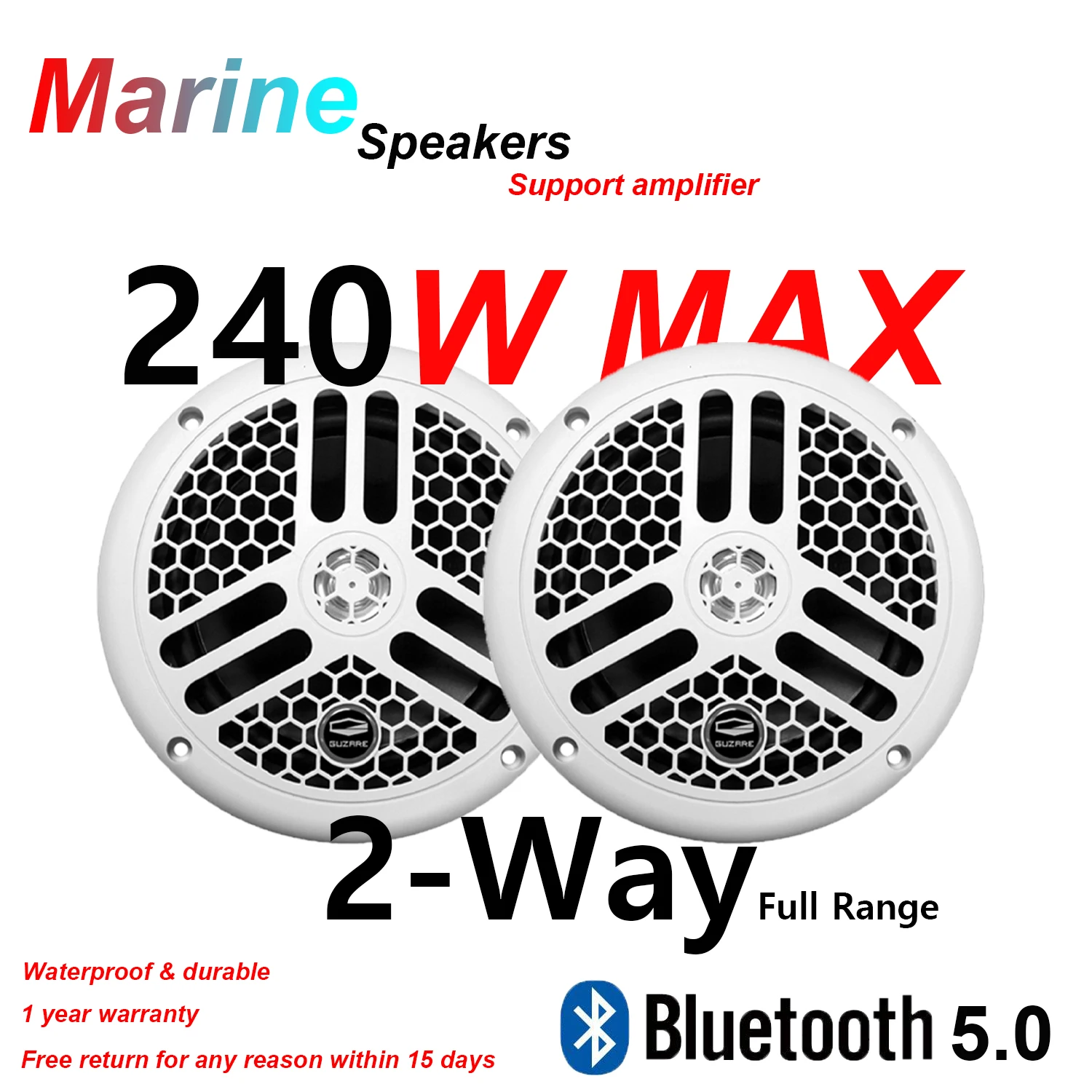 Marine Speakers Boats Auto Cars Audio Waterproof 6.5" 240 Watts Subwoofer Bass Tweeter