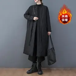 Solid Cotton Padded Long Jacket Winter Windbreaker Large Size Women's Lace Up Fashion Quilted Clothes Trend Parka Coats T173