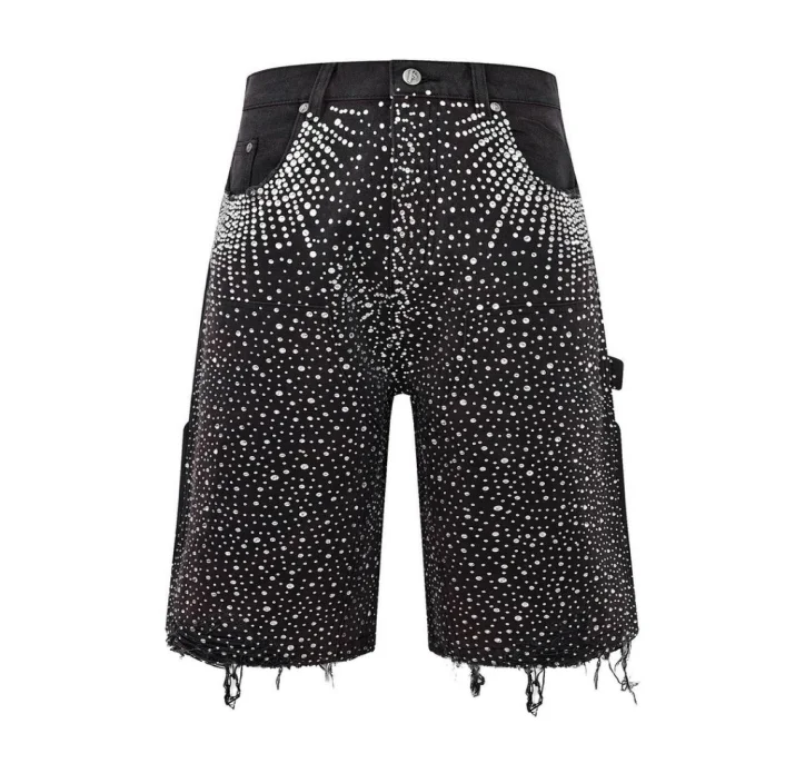 Gypsophila hot diamond washed tassel raw edge denim shorts summer personalized retro high-waisted straight casual wide-leg pants denim shorts,summer jeans shorts