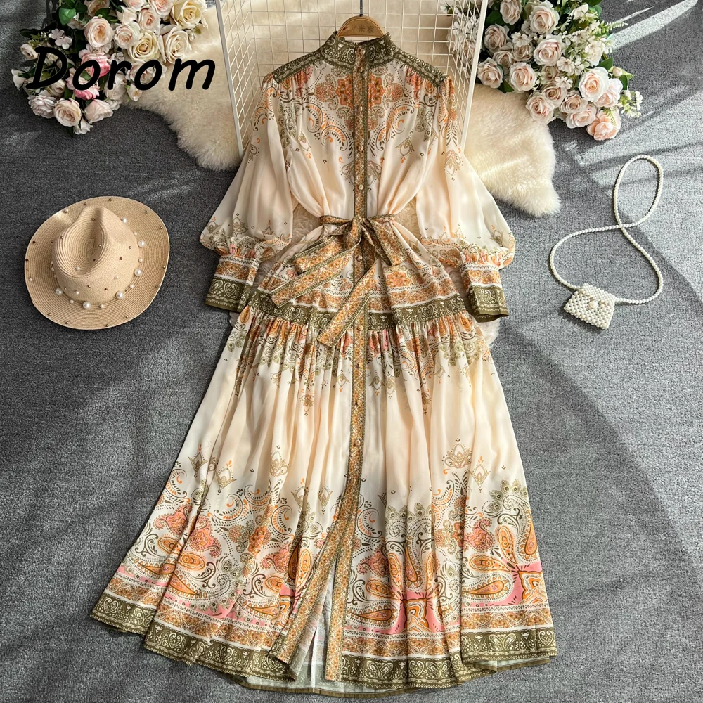 

Vintage Floral Long Sleeve Maxi Shirt Dress Women Spring Summer Stand Collar Button Chiffon Dress Elegant Lace-up Party Vestidos