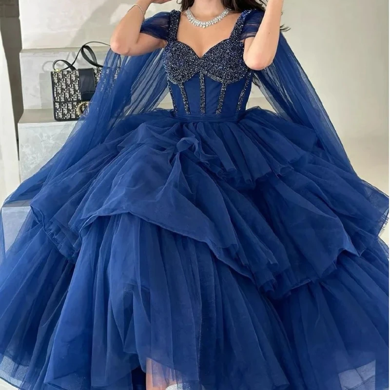 Ashely Alsa Luxury Navy Blue Prom Dresses Beaded Top Tiered Tulle Formal Occasion Gown Abito Abito Elegante Donna Cerimonia 542