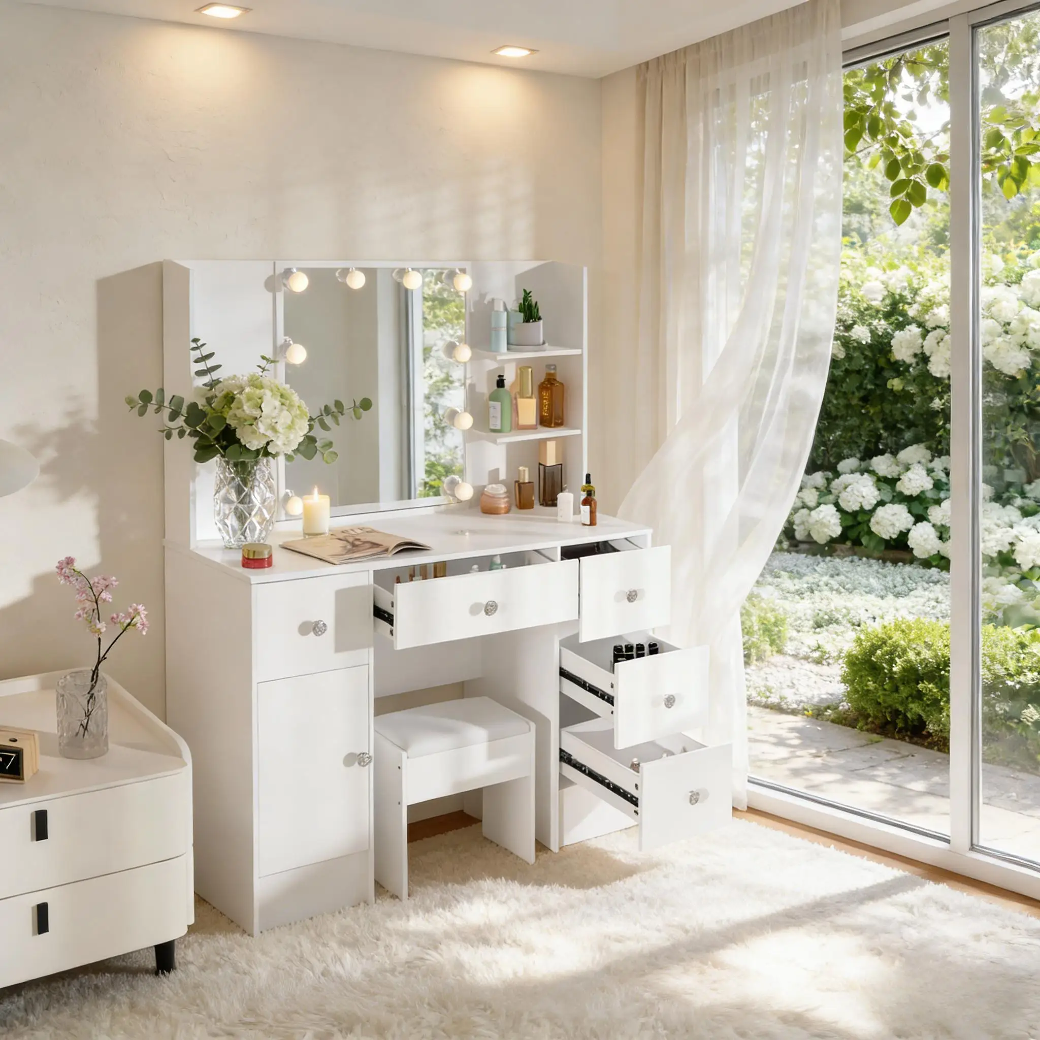 Large White Light Luxury Vanity Set with 3 Color Dimmable Led Mirror, 5 Drawers, Sturdy Frame & Easy Assembly