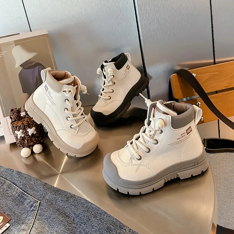 Children Casual Shoes 2024 Autumn Winter Fashion High Top Girls Shoes Student Lace Up Leather Boots for Boys Kids Shoes Child