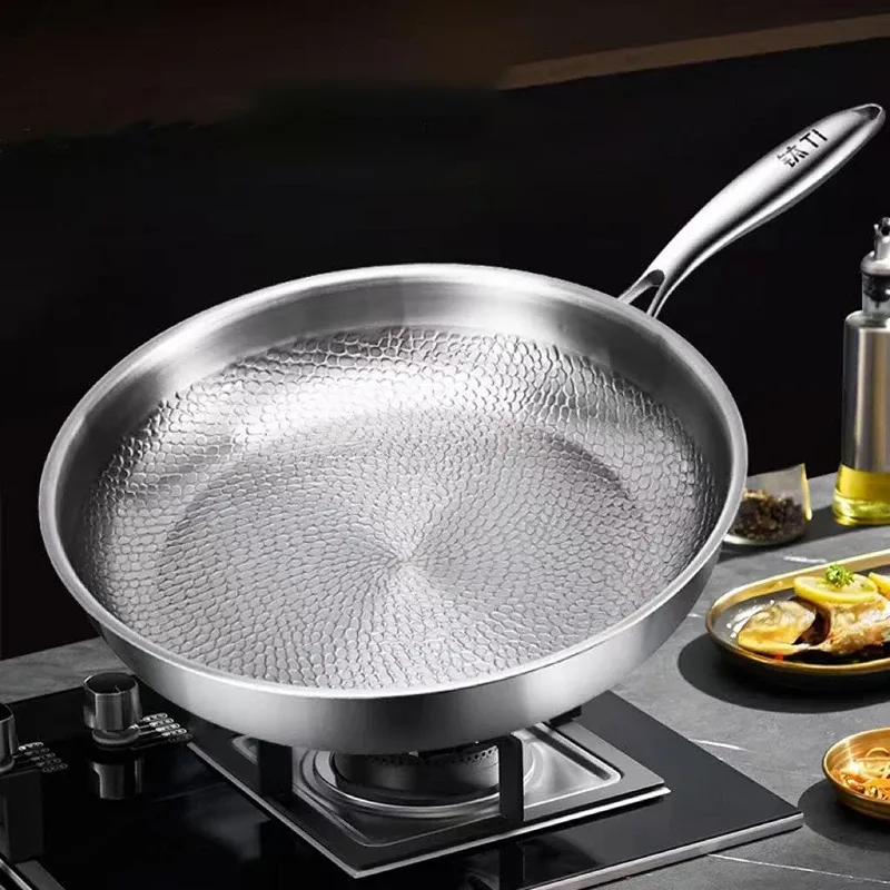 Frying Pan Pure Titanium Frying Pan Uncoated Non Stick Pan Fish Scale Hammer Pattern Titanium Alloy Home Wok Kitchen Cookware