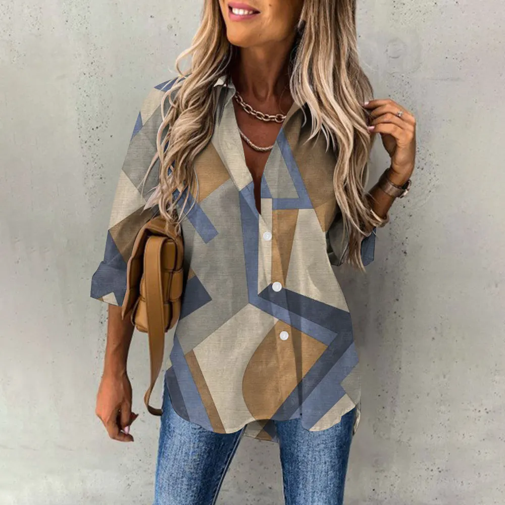 Women\'s shirts & blouses Geometric figure 3D Printing Elegant women blouses Fashion Long-sleeved Female clothing Tops camisa