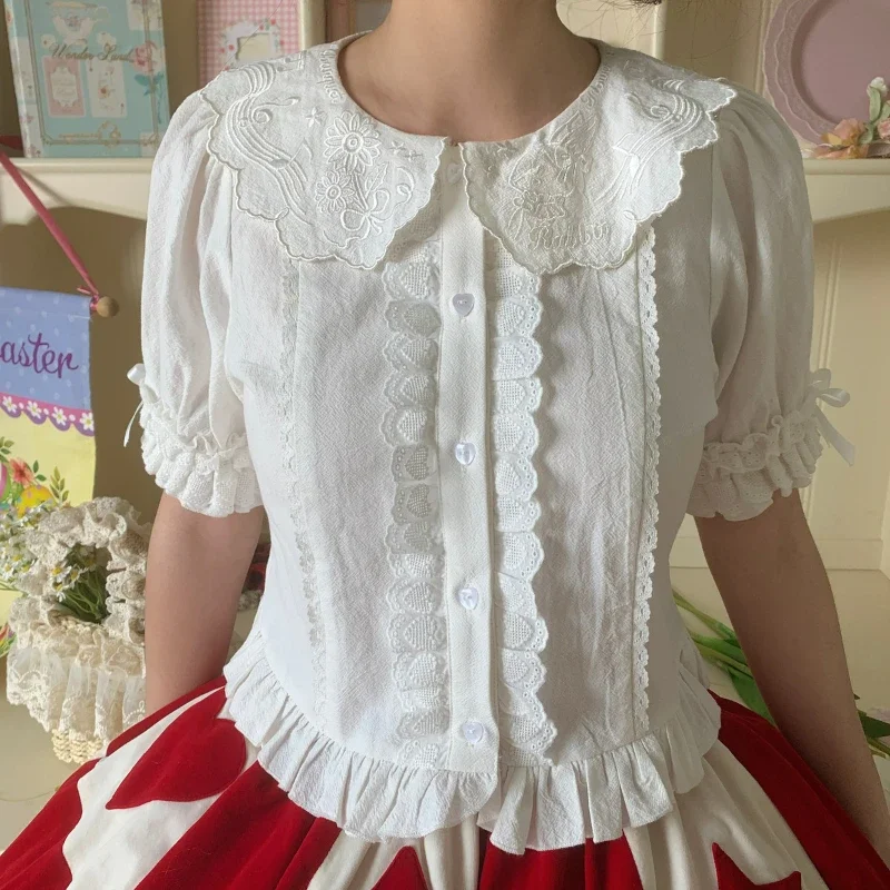 

Japanese Cute Lolita Blouses Girly Sweet Bow Puff Sleeve Gothic Blouse Women Kawaii Bunny Embroidery Peter Pan Collar Shirts Top