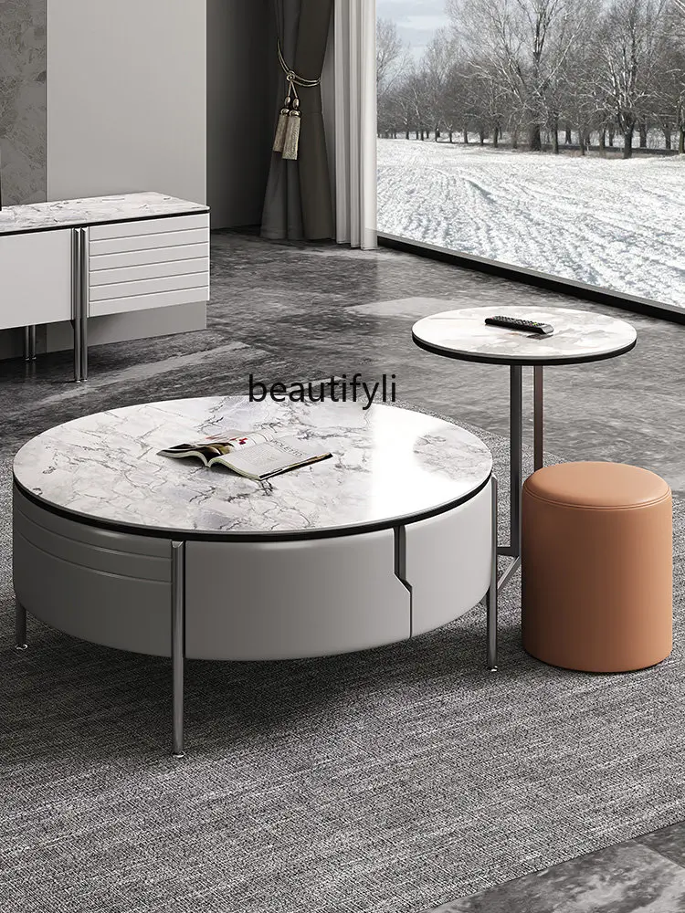 

zq Stone Plate round Tea Table TV Cabinet Unit Italian Light Luxury Minimalist White Small Apartment Living Room Tea Table