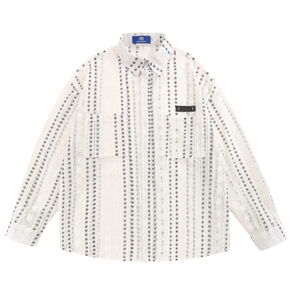 

Dots Jacquard Button Up Casual Men's Shirt Long Sleeve Autumn Shirts for Man White
