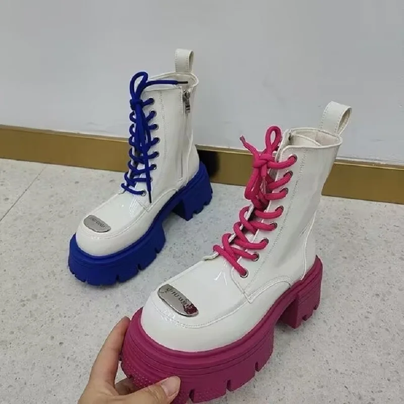 

Autumn New Women's Boots Lacquer Leather Colored Bottom Short Boots Lacquer Leather Front Lace up Women's Motorcycle Boots