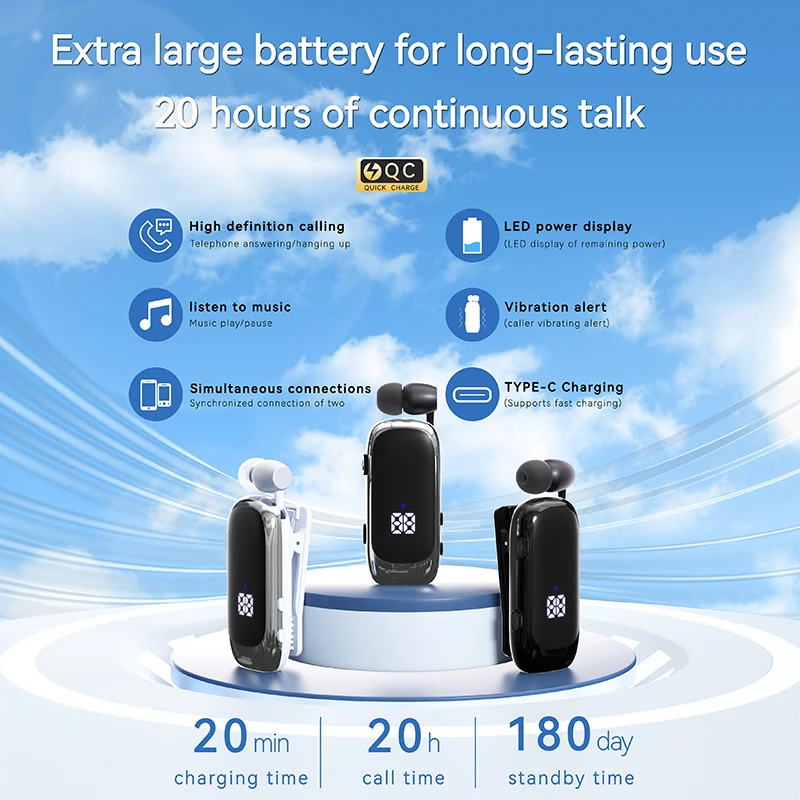K88 Lavalier Business Bluetooth 5.4 Headphone Talk/Music Time 20 Hours,LED Digital Display,Noice Cancelling Wireless Earphones 4