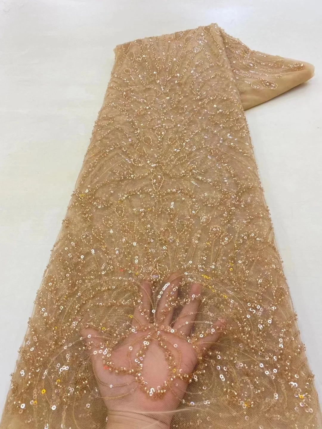 

High Quality Gold African Lace Fabric Beads Lace Fabric With Sequins Embroidery Nigerian Tulle Mesh Lace Fabric For Sewing Dress