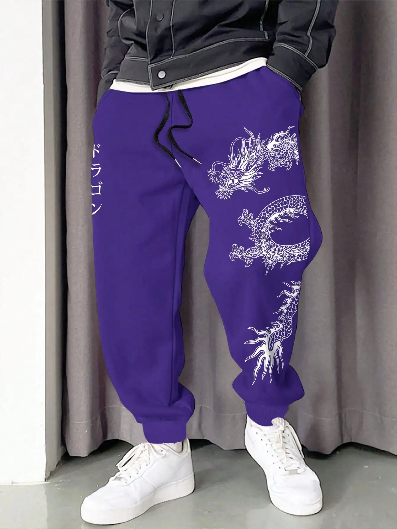 2024 Fashionable Men's Dragon Pattern Printed Comfortable Fleece Drawstring Waist Versatile Spring and Autumn Sports Pants S-3XL 5
