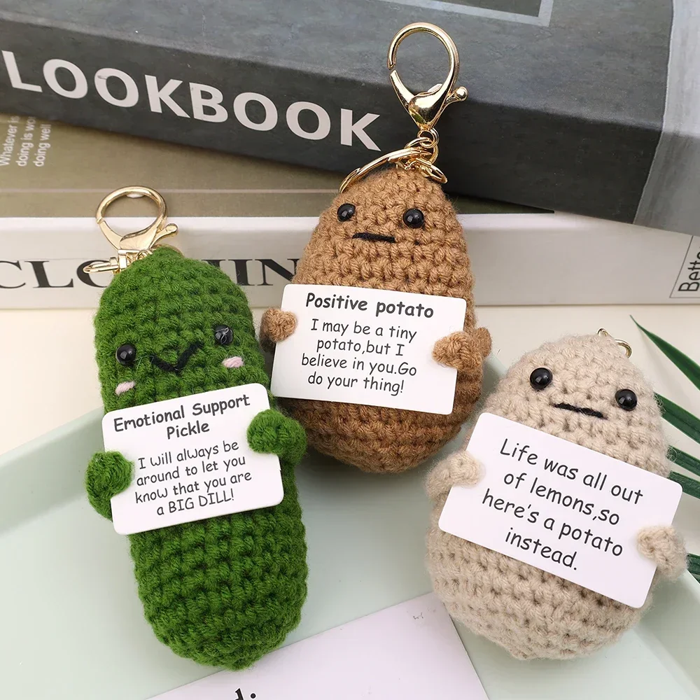 Handmade Positive Energy Potato Keychain Couple Funny Card Knitting Inspired Toy Key Rings Creative Crochet Dolls Bag Pendants