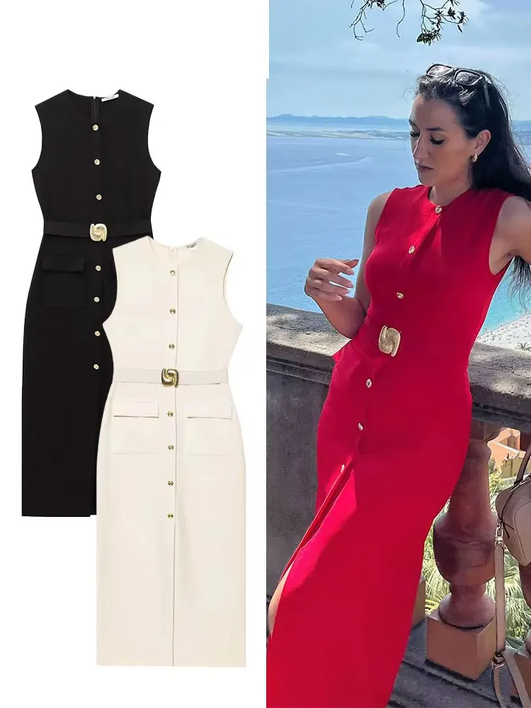 HH Female Summer Elegant Midi Dress O-Neck Hem Slit With Belt Sleeveless Single Breasted Back Zipper Fashion Long Dress