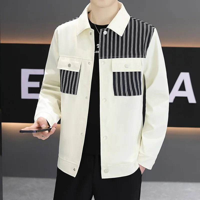 

2024 Men's Fall Lapels Fashion Casual Patchwork Color Matching Handsome Overalls Jacket
