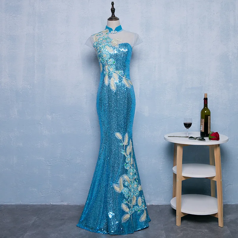 chinese dress ladies Short Sleeve Rainbow Cheongsam Mermaid Chinese Dress Full of Sequins Colorful / M