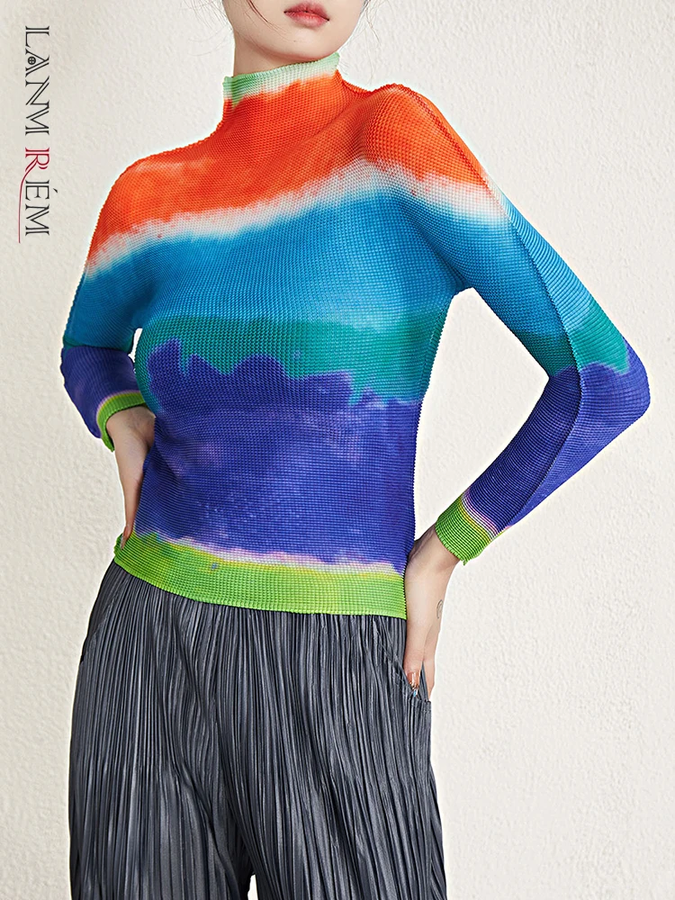 

LANMREM Print Retro Pleated T-shirt For Women Turtleneck Long Sleeves Slim Color Block Tops Fashion Female Clothes Summer 2YA311
