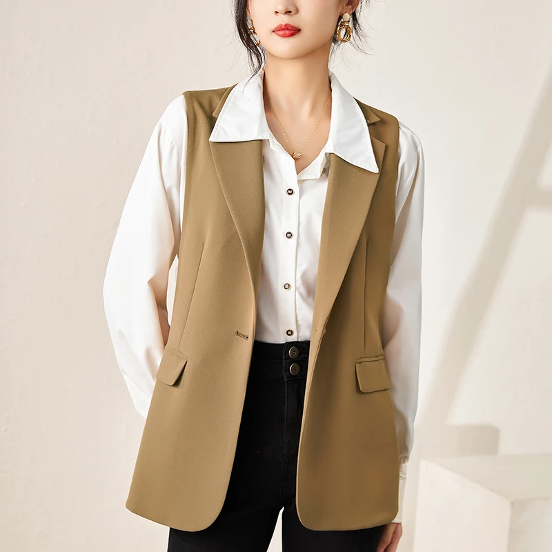 

100% Acetate Office Lady Vest Autumn Notched Collar Elegant Fashion Vests For Women Sleeveless Coat Women's Casual Solid Tops