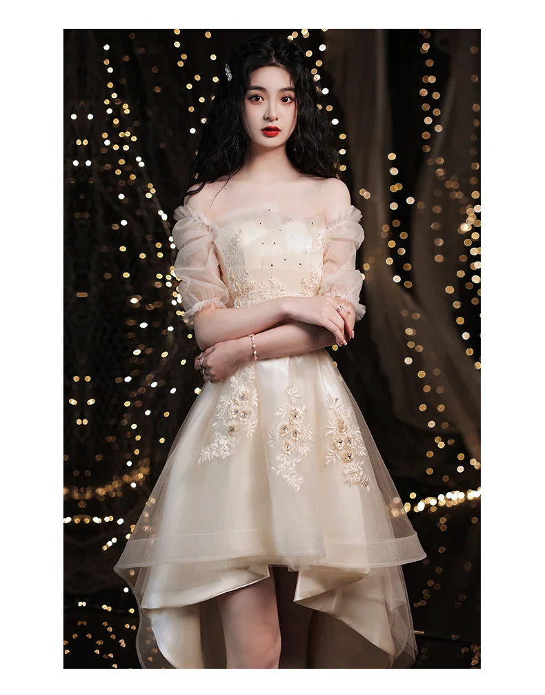 Champagne High Low Prom Dresses 2022 Elegant Off The Shoulder Appliques Tulle Short Front Long Back Homecoming Dresses princess prom dresses