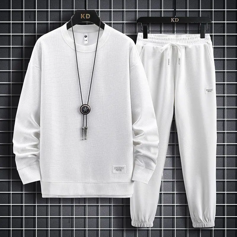 

New Round Neck Pullover Sweater Cropped Trousers Waffle Fabric Sports Two Piece Set For Men