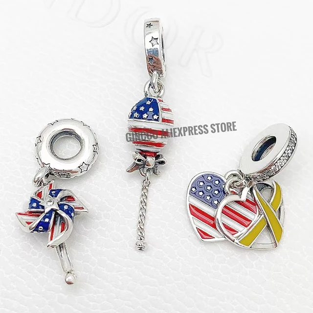 basketball Bangladesh stor 2022 New Summer Collection Fit Original Pandora Bracelet USA America United  States Stars Stripes Bow Balloon Charm