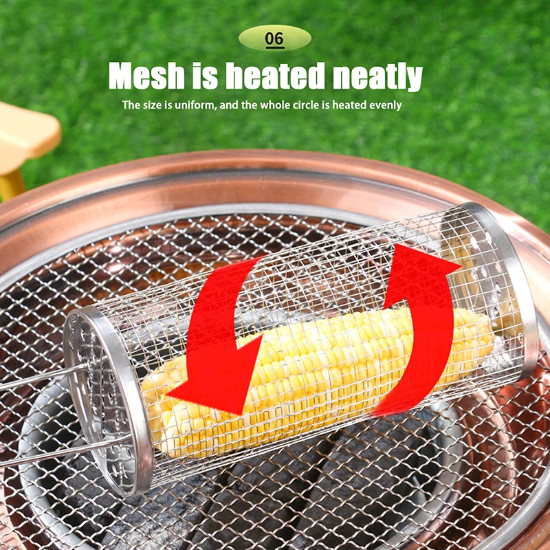 Stainless Steel Barbecue Cages Grill Basket Camping Cookware Outdoor Portable Round BBQ Campfire Grid Rolling Grill Basket