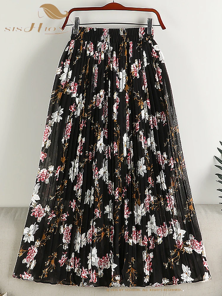 

SISHION Summer New Elastic Waist Chiffon Skirt VD3930 Women Holiday Casual Blue Pink Long Pleated Floral Skirts