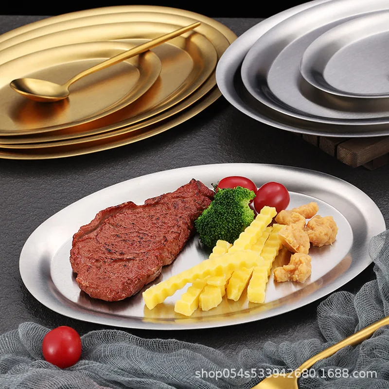304 Stainless Steel Oval Plate, Gold Barbecue Plate, Light Flat, Thickened Fish Dinner Denier Tray, Dessert Plate