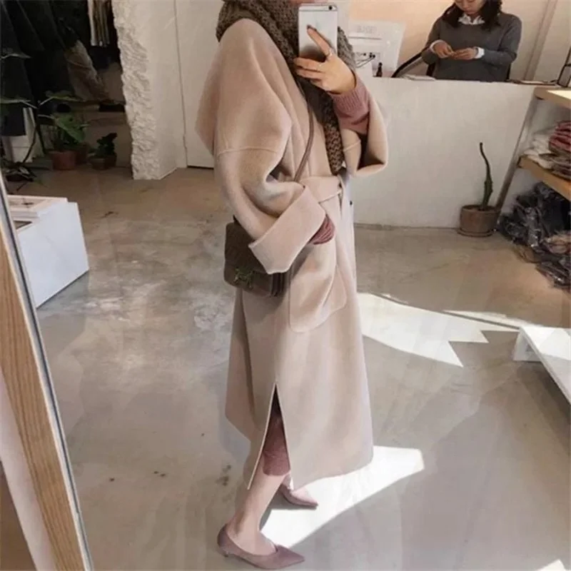 Autumn Winter Warm Blends Coats Women Double Sided Thickened Tweed Coat Solid Colors Sashes Knee-Length Outwears Chic Streetwear white automatic buckle cowhide belt chic casual commercial luxury design double sided genuine leather waistband for men 2023 new