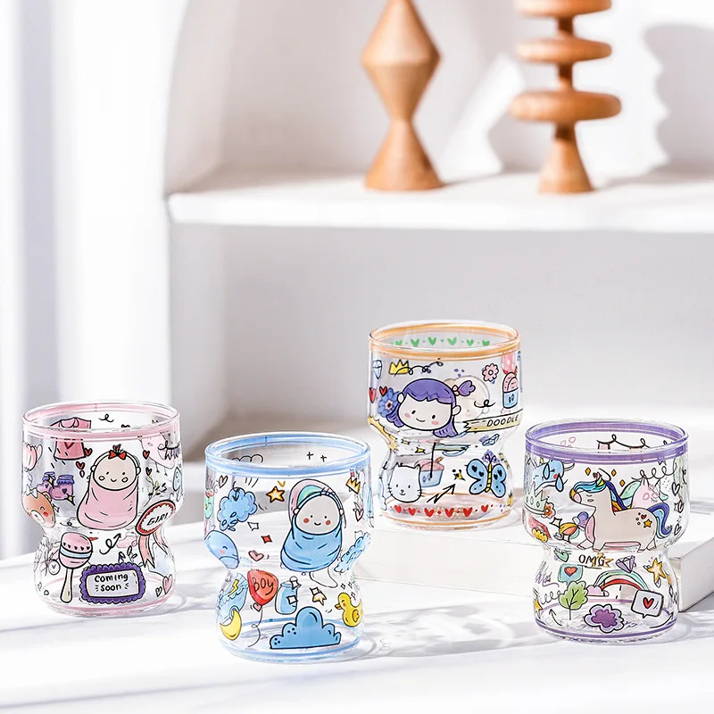 

Cute Creative Cartoon Printed Glass Cup Coffee Drinks Dessert Breakfast Milk Cup Transparent Juice Glass Mugs Children Drinkware
