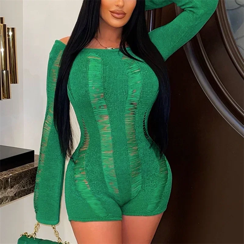 Spring Summer Sexy Hollow Out Thin Jumpsuit Shorts Women Backless Stretch Rompers Female See-through Nightclub Casual Playsuits