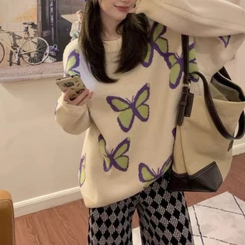 

Deeptown Preppy Style Vintage Print Beige Sweater Women Harajuku Kpop Oversize Pullover Jumper Female Korean Fashion Knit Tops