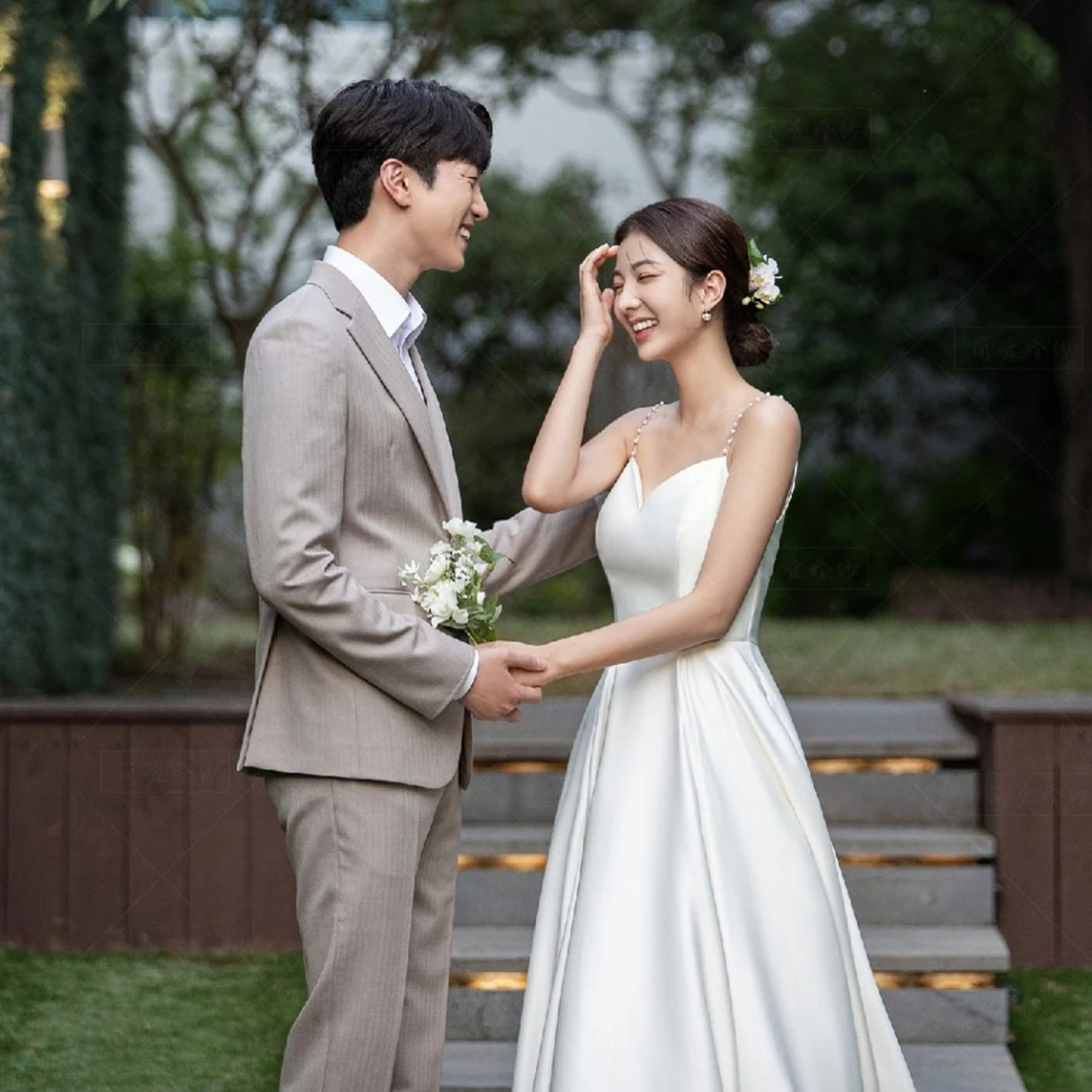 A-Line V-Neck Wedding Dress with Pearl Straps for Wedding Customized 5