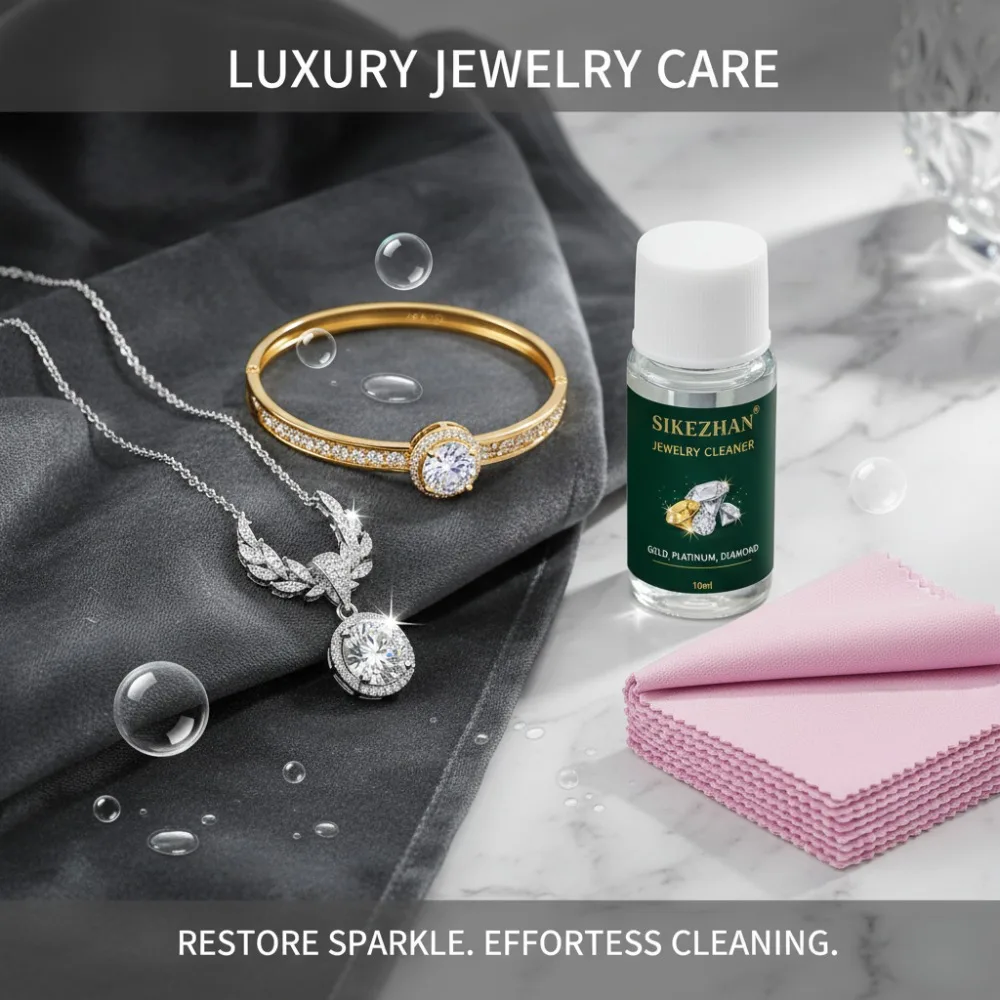Jewelry Cleaner Solution & Polishing Cloth Set Gold Silver Diamond Tarnish Remover 10ml Liquid + 50pcs Wipes